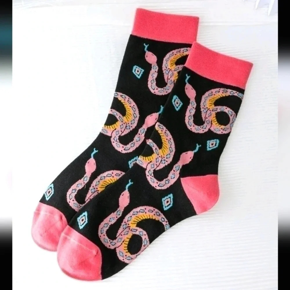 New serpent pink and blue crew socks black men's or womens standard leg sock